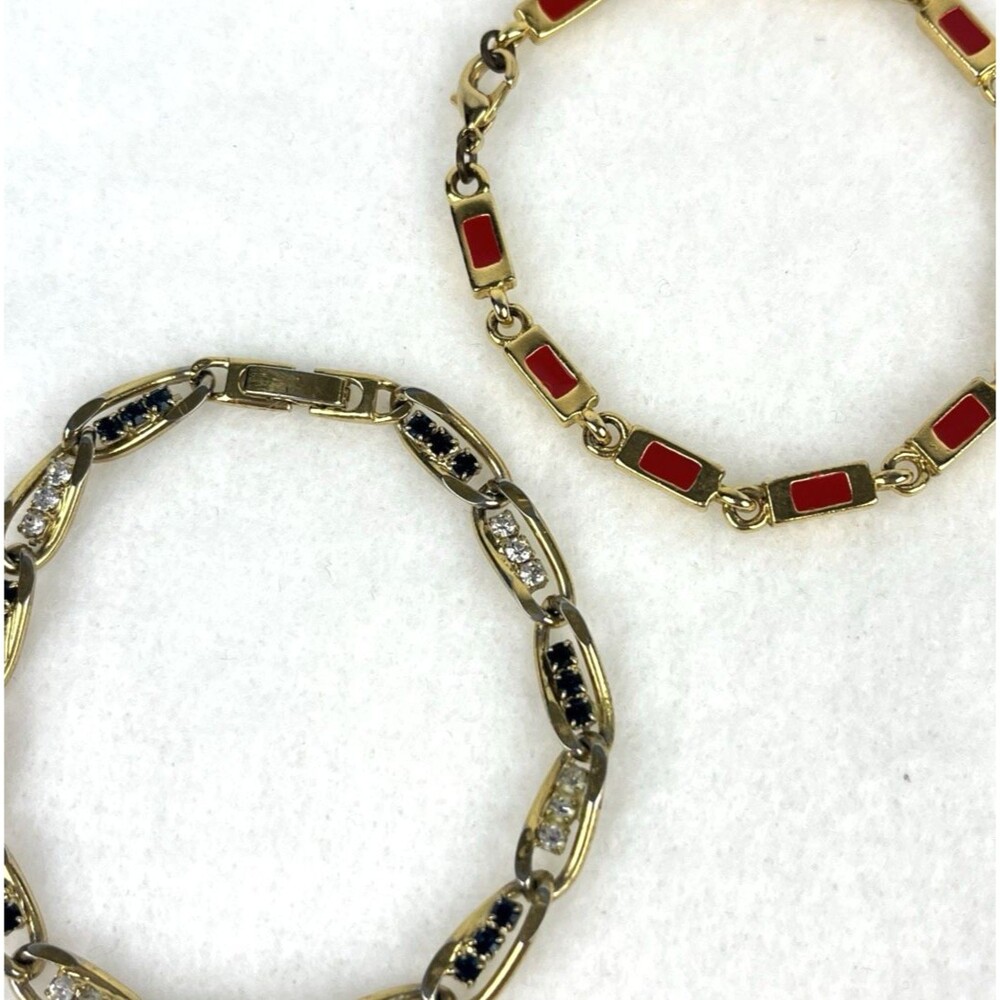 2 Vintage Tennis style Link Bracelets Gold Tone Enamel Rhinestones 7in